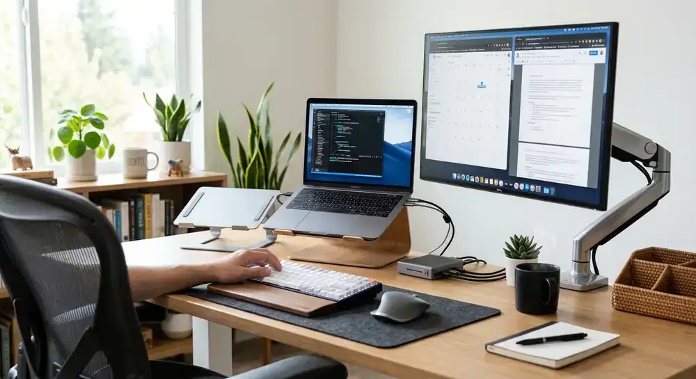 Modern és ergonómikus irodai munkaállomás prémium laptop kiegészítőkkel