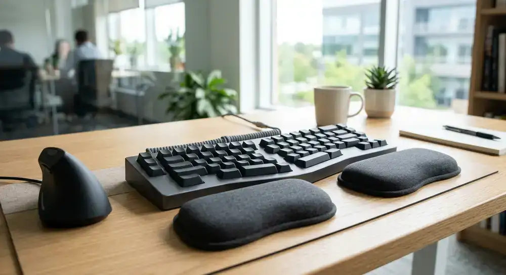Ergonomikus billentyűzet és csuklótámasz irodai környezetben